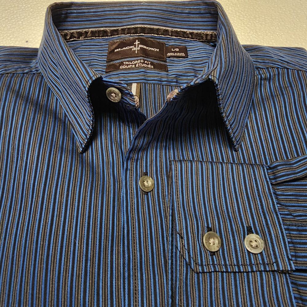 Vintage Black Brown 1826 100% Cotton Shirt Blue/Black Stripe Velvet Accents L